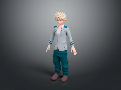 A Man With Blonde Hair Wearing Grey Jacket And Green Pants Standing On Grey Background 3d model