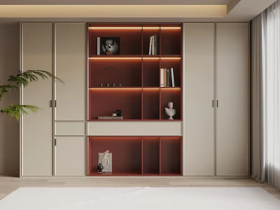 Modern Built in Bookcase With LED Lighting And Decorative Items On Shelves 3d model