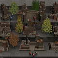 Detailed Industrial Factory Miniature Model Featuring Brick Towers Figurines And Green Trees
