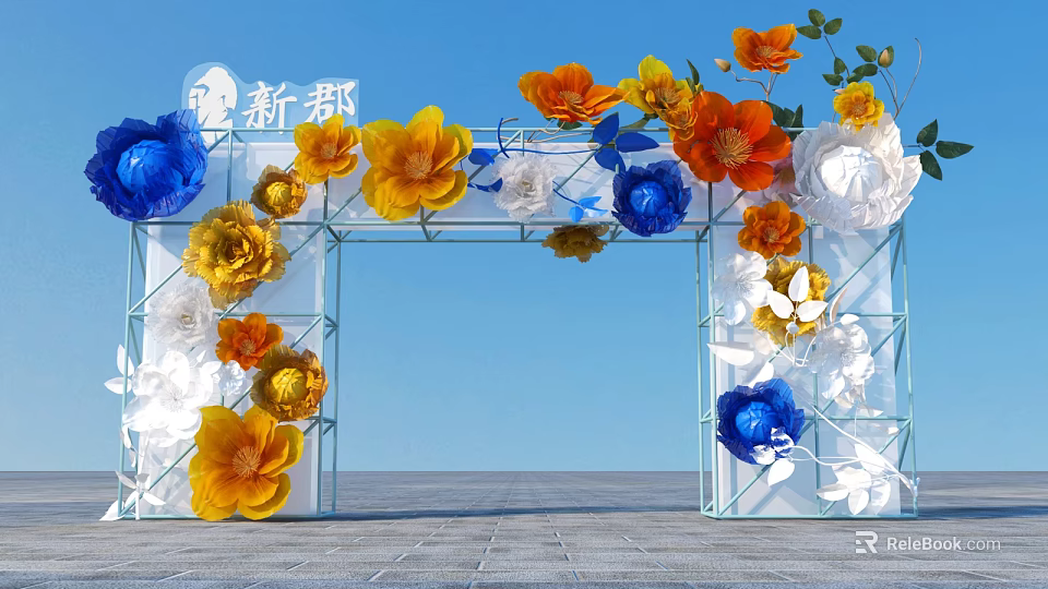 Event Entrance Decorated With Colorful Blue Yellow Orange White Flowers And Glass Archway 3d model 