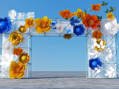 Event Entrance Decorated With Colorful Blue Yellow Orange White Flowers And Glass Archway 3d model