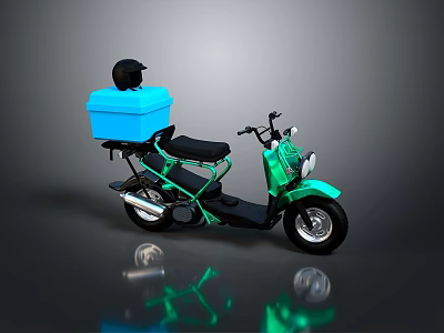 Green Scooter Motorcycle With Blue Storage Box And Black Helmet On Dark Background 3d model