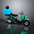 Green Scooter Motorcycle With Blue Storage Box And Black Helmet On Dark Background