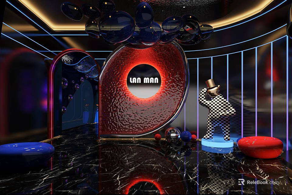 Modern Lan Man Bar Interior With Neon Lighting Red Circular Logo And Black Marble Floor 3d model 