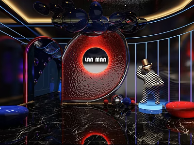 Modern Lan Man Bar Interior With Neon Lighting Red Circular Logo And Black Marble Floor 3d model