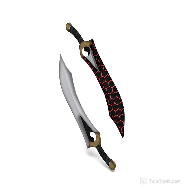 Double Bladed Swords With Silver Blades Golden Handles And Black Red Hexagonal Scabbards 3d model 