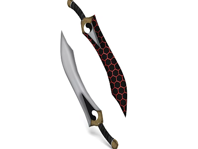 Double Bladed Swords With Silver Blades Golden Handles And Black Red Hexagonal Scabbards 3d model