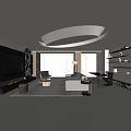 Modern Living Room Interior With White Sofa Round Ceiling Light Fireplace And Large Windows
