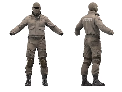 Brown Police Tactical Uniform With Knee Pads Utility Belt And Back POLICE Logo 3d model