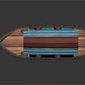 Colorful Small Wooden Water Transport Boat With Red Blue Cabin And Windows