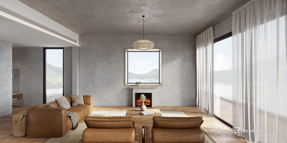 Modern Living Room Interior With Gray Walls Chandelier Fireplace And Brown Sofas 3d model 