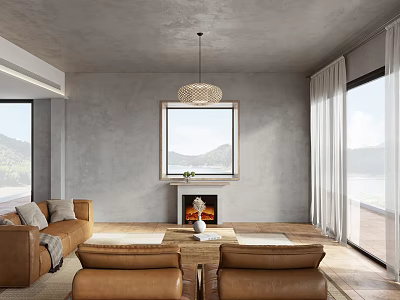 Modern Living Room Interior With Gray Walls Chandelier Fireplace And Brown Sofas 3d model