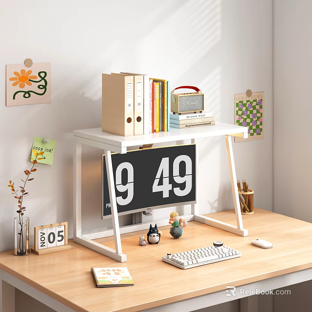 Organized Home Desk With Computer Monitor Keyboard Mouse Books Folders Radio And Wall Decor 3d model 