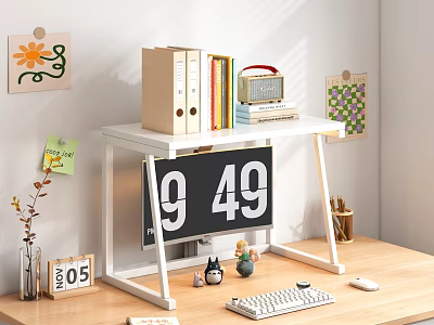 Organized Home Desk With Computer Monitor Keyboard Mouse Books Folders Radio And Wall Decor 3d model