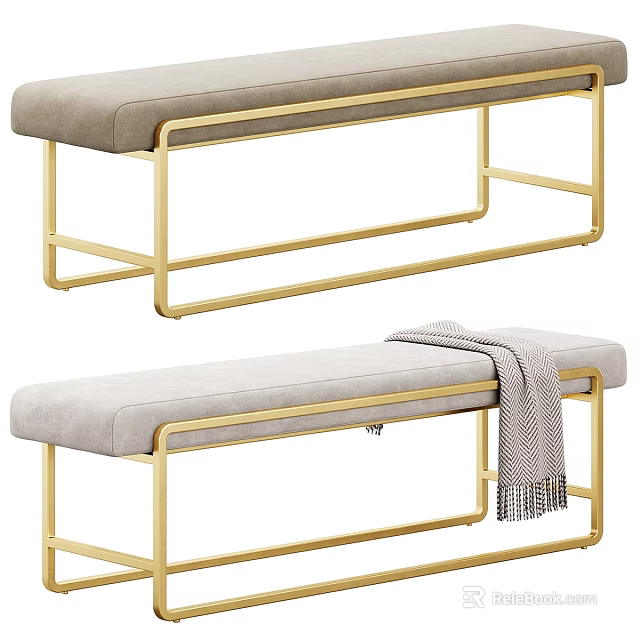 Modern Sofa Bench With Light Gray Cushion And Gold Metal Frame With Gray Blanket 3d model 