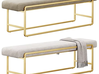 Modern Sofa Bench With Light Gray Cushion And Gold Metal Frame With Gray Blanket 3d model