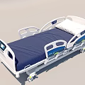 Medical Bed With Blue Mattress White Frame Control Panel Side Rails And Wheels 3d model