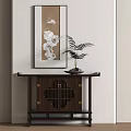 Chinese Style Dark Wood Console Table With Hanging Painting Small Potted Plant And Lattice Door