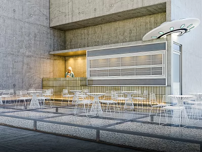 Modern Café Outdoor Seating With White Metal Tables Chairs Open Counter And Concrete Wall 3d model