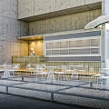 Modern Café Outdoor Seating With White Metal Tables Chairs Open Counter And Concrete Wall