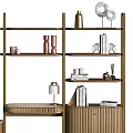 Modern Bookcase With Wooden Shelves Metal Frame And Decorative Books Vases Table Lamp