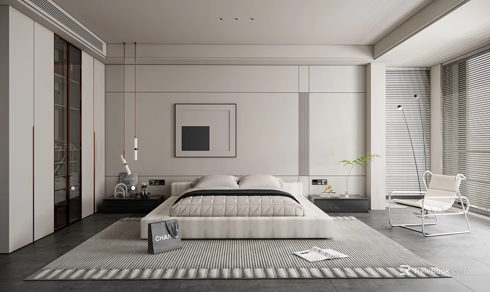 Modern Minimalist Bedroom Interior Design With Clean Lines Framed Artwork And Area Rug 3d model 