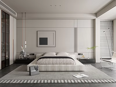 Modern Minimalist Bedroom Interior Design With Clean Lines Framed Artwork And Area Rug 3d model