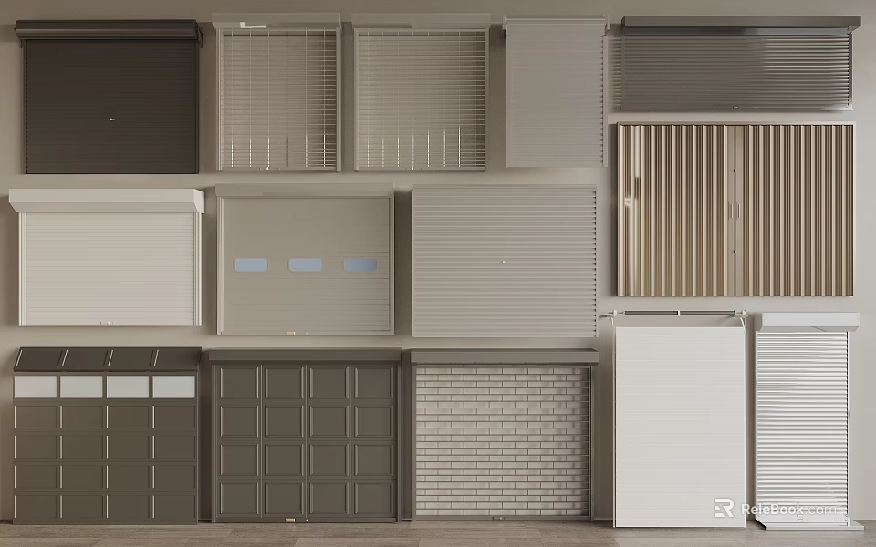 Different Kinds Of Roller Shutters Blinds And Garage Doors On 3d model 