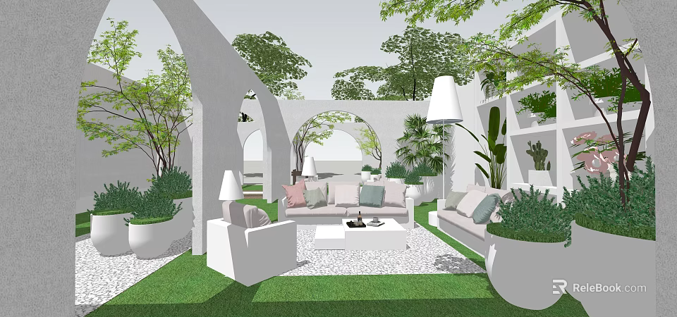 Modern Courtyard Garden Design With White Arches Green Lawn And Outdoor Seating 3d model 