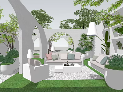 Modern Courtyard Garden Design With White Arches Green Lawn And Outdoor Seating 3d model
