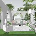 Modern Courtyard Garden Design With White Arches Green Lawn And Outdoor Seating