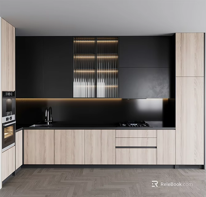 Modern Kitchen Cabinets Featuring Black And Light Wood Tones With Sleek Countertop And Integrated Appliances 3d model 