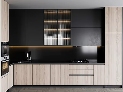 Modern Kitchen Cabinets Featuring Black And Light Wood Tones With Sleek Countertop And Integrated Appliances 3d model