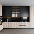 Modern Kitchen Cabinets Featuring Black And Light Wood Tones With Sleek Countertop And Integrated Appliances