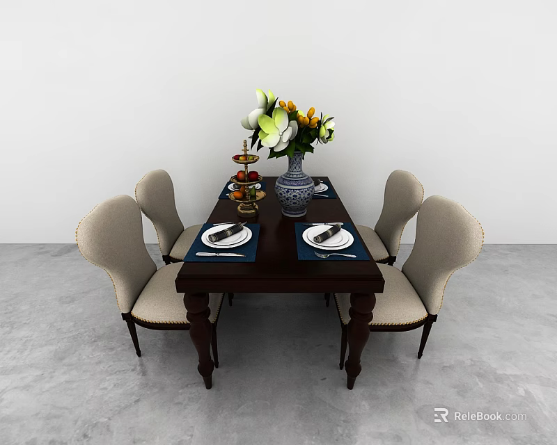 Stylish Dining Table Set With Beige Chairs And Floral Vase On Dark Wood Table 3d model 