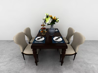 Stylish Dining Table Set With Beige Chairs And Floral Vase On Dark Wood Table 3d model