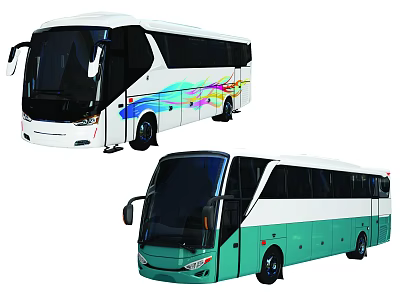 Two Modern Buses With White And Teal Colors And Colorful Patterns Design 3d model