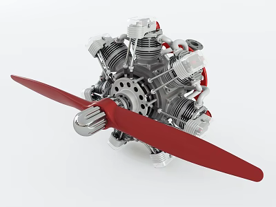 Aircraft Engine 3D Model With Red Propeller And Silver Metallic Cylinders Design 3d model