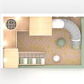 Indoor Kids Playground with Wooden Playhouse Slide Staircase Green Floor Pebbles and Decorative Ball