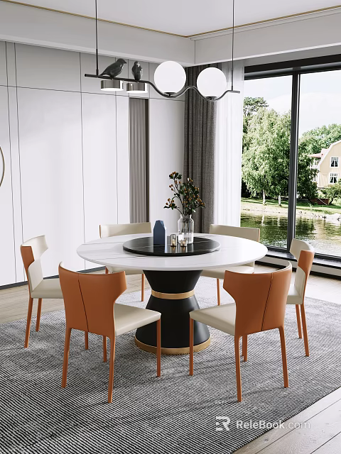 Elegant Round Dining Table Set With White Tabletop Black Base And Orange Beige Chairs 3d model