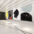 Modern Bright Gallery Interior With Colorful Abstract Paintings White Ceiling Lights And Red Geometric Installation