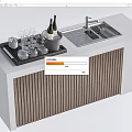 Modern Bar Counter With Ice Bucket Wine Bottles Wine Glasses Sink And Vertical Slat Panel