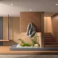 Indoor Modern Garden Feature with Hanging Stone Water Basin Green Plants and Wooden Stairs