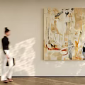 Abstract Painting With Neutral Tones And Abstract Lines In Gallery Setting With Natural Light