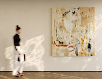 Abstract Painting With Neutral Tones And Abstract Lines In Gallery Setting With Natural Light 3d model