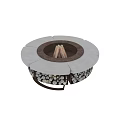 Round Outdoor Fire Pit With Gray Stone Top And Decorative Wood Log Storage