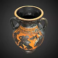 Ancient Greek Amphora With Black And Orange Figural Motifs And Twin Handles