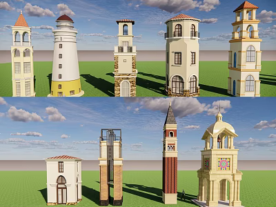 Various Architectural Towers With Classical Modern Styles And Stone Brick Structures 3d model