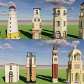 Various Architectural Towers With Classical Modern Styles And Stone Brick Structures
