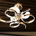 Modern Curved Metallic Chandelier With Circular Rings And White Shade In Interior Space